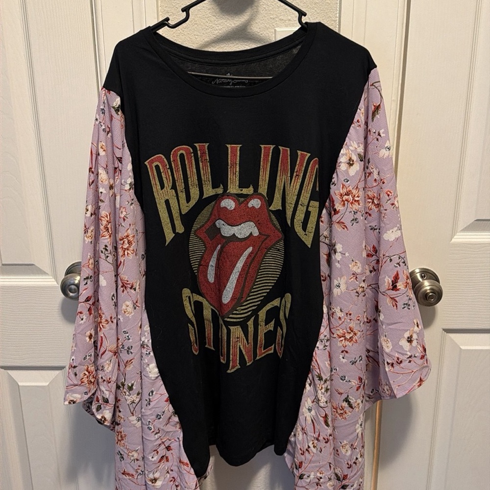 Rolling Stones Graphic Tee with Floral Sleeves